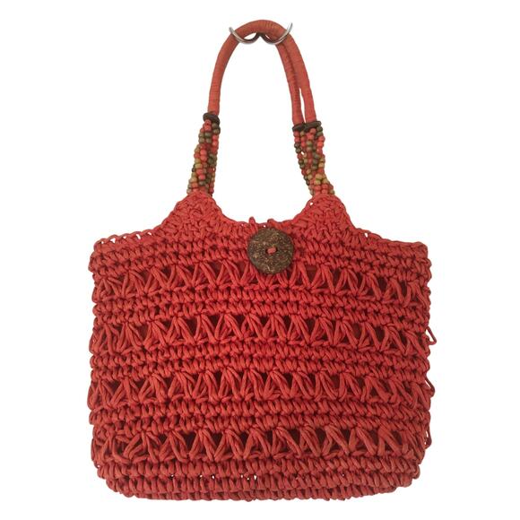 Cappelli Straworld Toyo Coral Straw Beaded Shoulder Bag Snap Closure Botton Loop - Picture 1 of 9